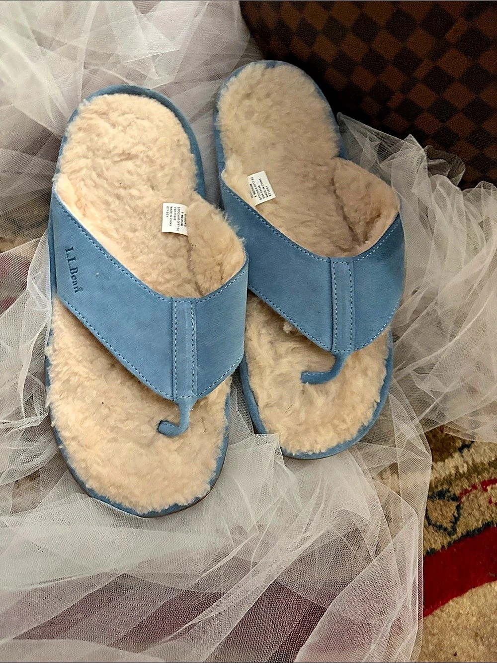 L.L.Bean Wicked Good Shearling Thong Slipper Slippers Blue & Brown